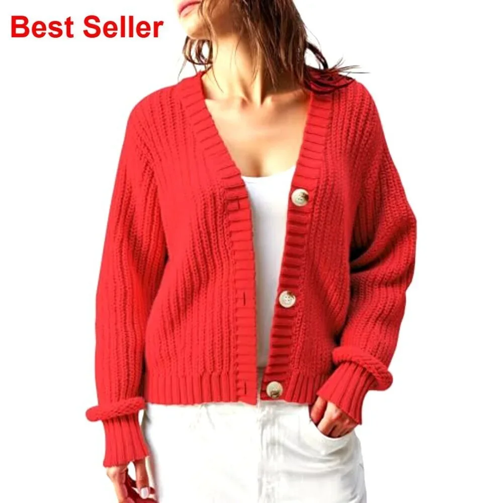 Oversized Chunky Knit Cardigan Waffle Texture Button Down V Neck Sweater